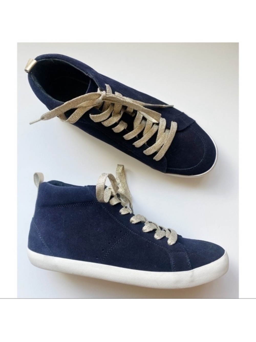 Banana Republic • Navy Genuine Suede Gold Metallic Laces High Top Sneakers